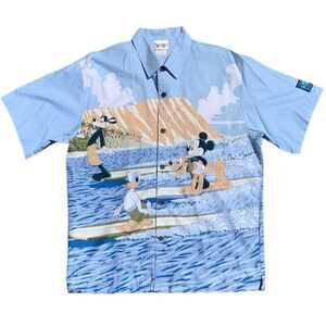 Mickey Goofy Surfing 1990s Walt Disney World Button Up Hawaiian Shirt Men's (L)